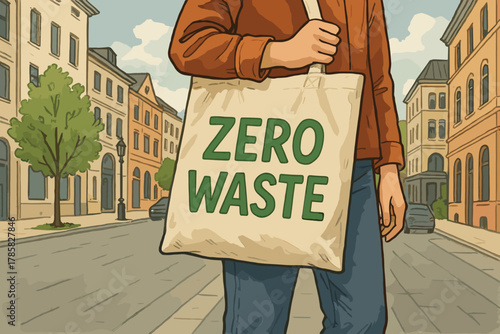 Person holding a canvas bag with "zero waste" text while walking on an urban street, promoting eco-friendly living.