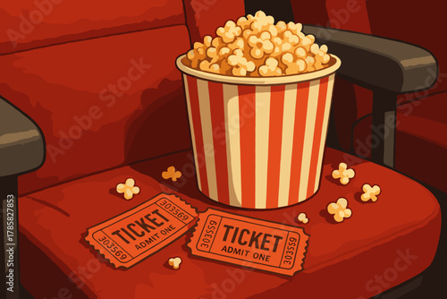 A striped bucket filled with popcorn sitting on a red theater seat, accompanied by two admit one tickets.