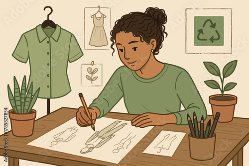 Young african female fashion designer sketching clothing designs at a desk surrounded by plants and fashion inspiration drawings.