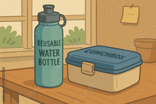 Blue reusable water bottle and square lunchbox on a wooden table with garden view through the window.
