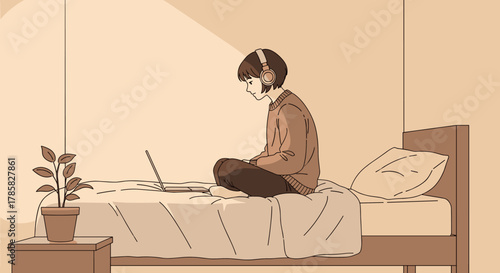 Young asian female sitting cross-legged on a bed, wearing headphones and using a laptop in a cozy room with warm lighting.