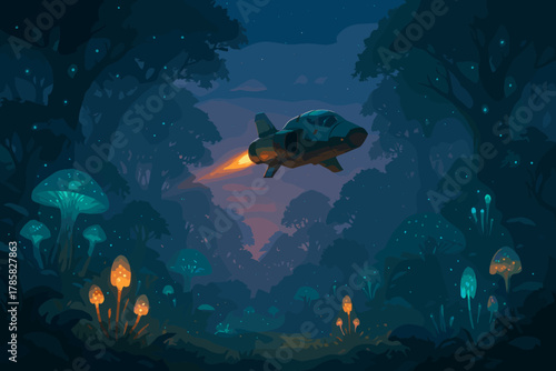 A spaceship with glowing engines hovers in a mystical forest teeming with bioluminescent mushrooms and lush foliage.
