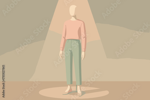 Minimalistic artwork of a gender-neutral mannequin standing in a spotlight, wearing a pastel sweater and trousers.