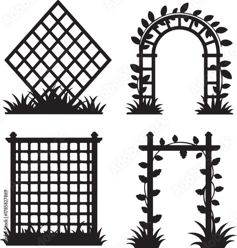 Plant Trellis Silhouette with Diamond Trellis Arched Frame Square Grid and Vine Pole