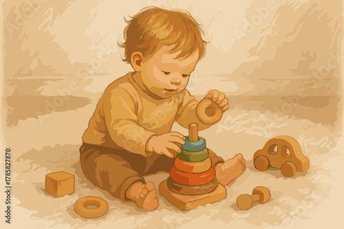 Young caucasian child playing with a colorful ring stacking toy on the floor, surrounded by wooden block and car toys.