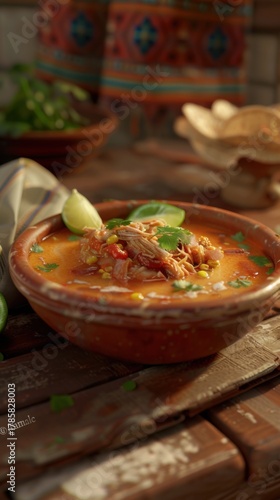Vibrant Mexican tamale soup served in a rustic bowl with fresh garnishes on a warm wooden table