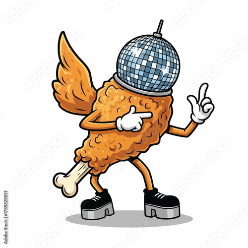 Cartoon fried chicken wing dancing with disco ball head, it is a funny and humorous illustration