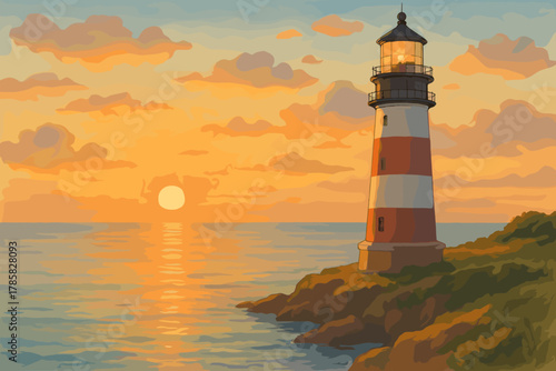 Vibrant coastal lighthouse stands on rocky cliffs as the sun sets over a tranquil ocean, casting warm colors across the sky and water.