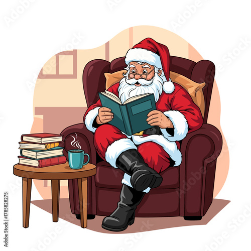 Santa Claus reading a book in a chair with a cup of coffee.