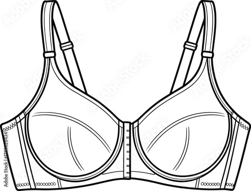 Black and white line drawing of bra with adjustable straps, structured cups, seam details, intimate apparel illustration