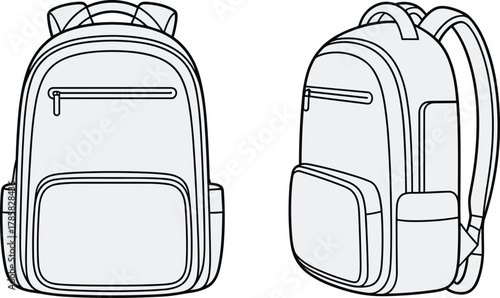 Backpack technical sketch, front and side view, zipper compartments, padded straps, school bag, travel gear illustration