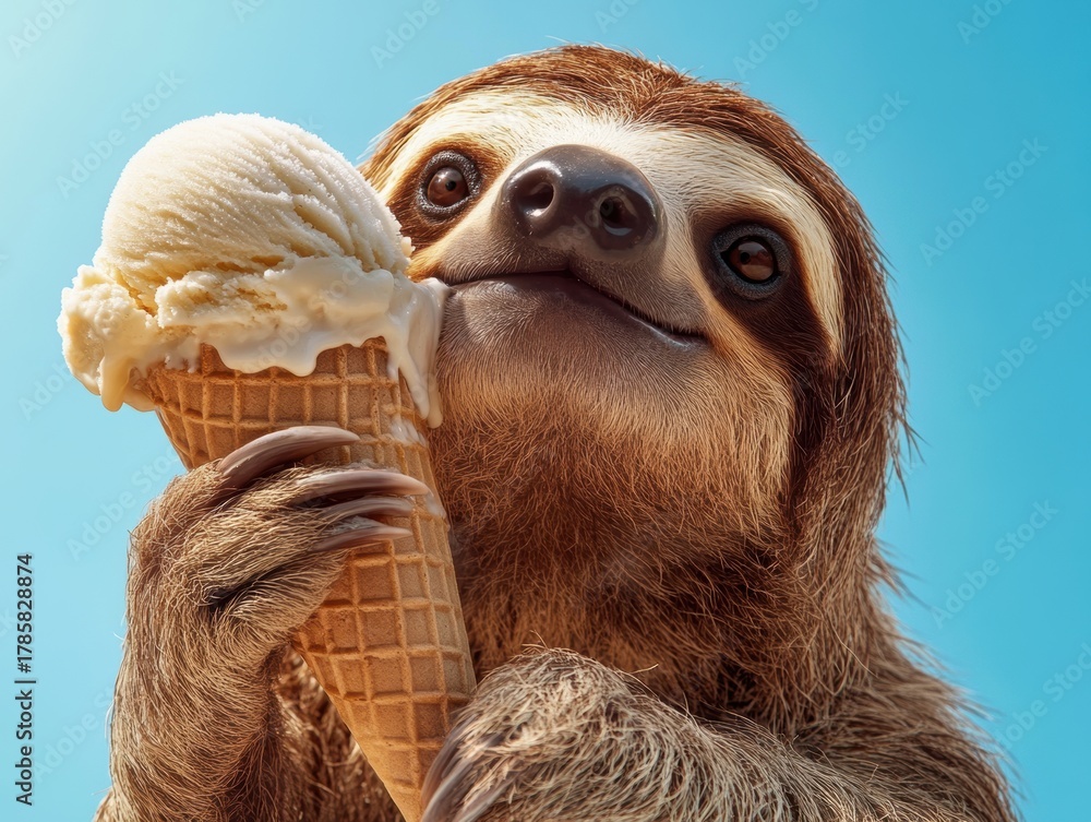 Fototapeta premium Sloth enjoys a delicious ice cream cone on a sunny day against a clear blue sky
