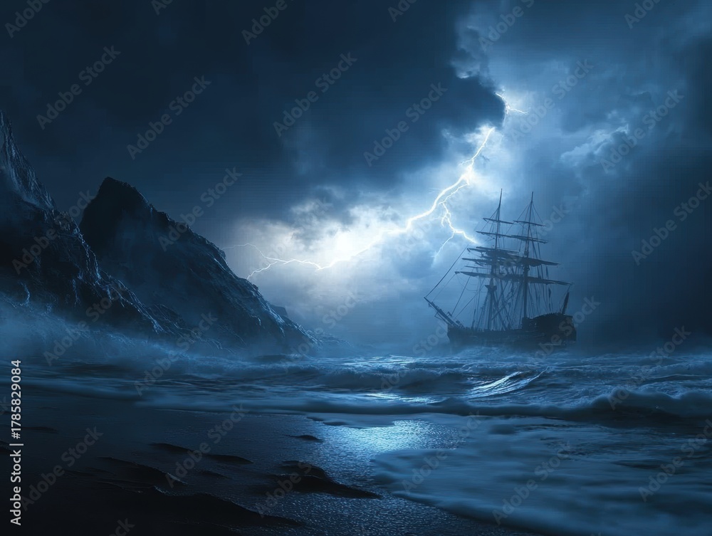 Fototapeta premium Stormy night at sea with an old ship battling fierce waves and lightning in a dramatic sky
