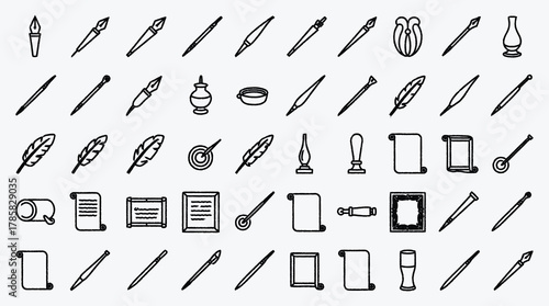 Collection of quill pens and writing tools in vintage graphic style