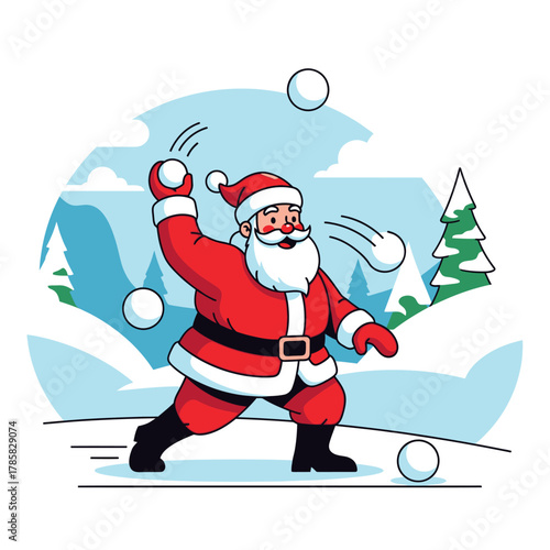 Santa Claus in a red suit throwing snowballs in a snowy winter landscape.