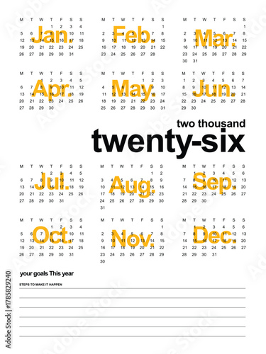 Editable Black Yellow Minimal 2026 Calendar Template with goals. Week starts on Monday