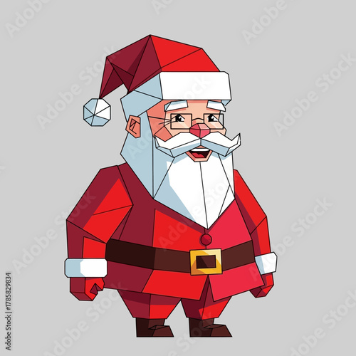 Low poly geometric illustration of Santa Claus in a red suit with a white beard and hat, smiling cheerfully.