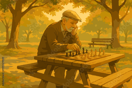 Elderly caucasian male pondering a chess move while seated at a picnic table in a serene, sun-dappled park setting.