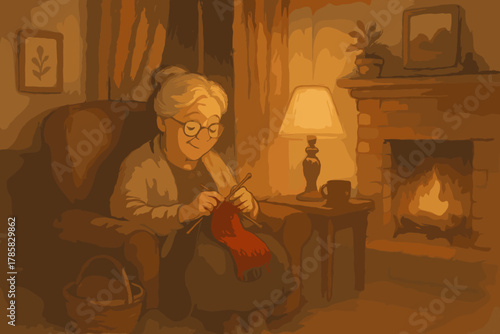 Elderly caucasian woman knitting by a warm fireplace, sitting comfortably in an armchair with a serene expression.