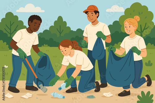 Group of young adults participating in an outdoor cleanup, collecting litter in a park with smiles and teamwork.