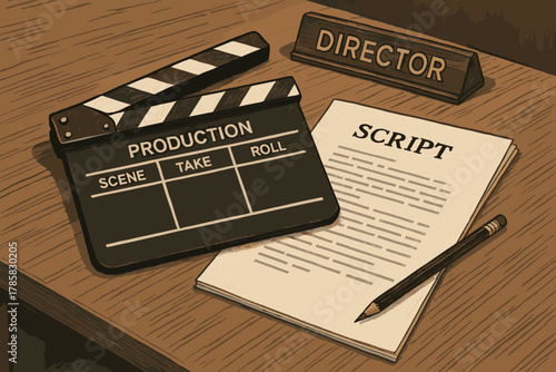 A film production clapperboard and a script sit on a wooden desk, accompanied by a director's nameplate and a pencil.