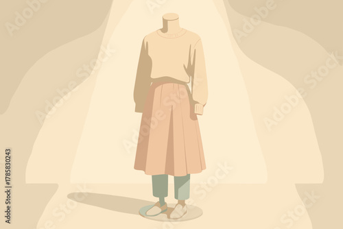 Mannequin displaying a casual beige sweater over a pleated pink skirt with light pants and beige shoes, set in soft lighting.