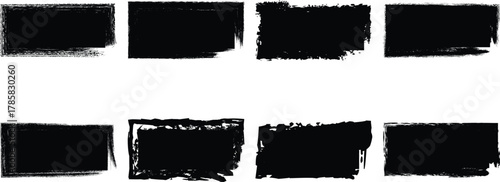 Collection of eight distressed black arched brush stroke shapes isolated on transparent background