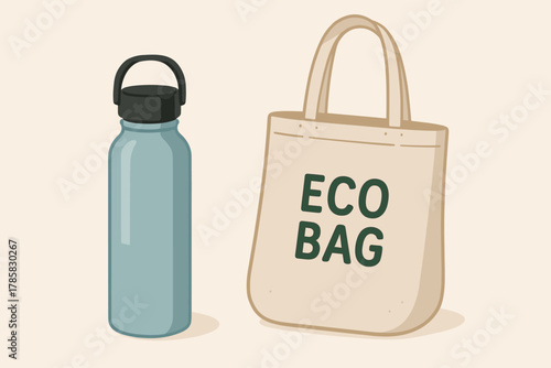 Beige eco-friendly reusable bag with green "eco bag" text beside a gray stainless steel water bottle.