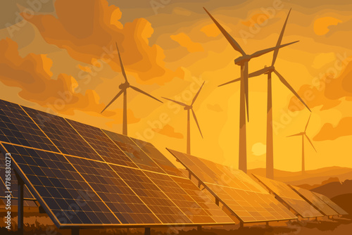 Solar panels and wind turbines on a grassy field at sunset, highlighting renewable energy solutions for sustainable development.