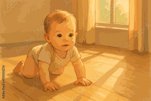 Caucasian baby crawling on a wooden floor in natural light from the nearby window, wearing a short-sleeved onesie.