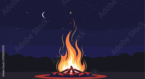 A campfire burns brightly under a starlit night sky with a crescent moon, surrounded by silhouetted trees.