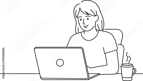 Smiling Woman Working on Laptop with Coffee Mug Outline Vector Illustration