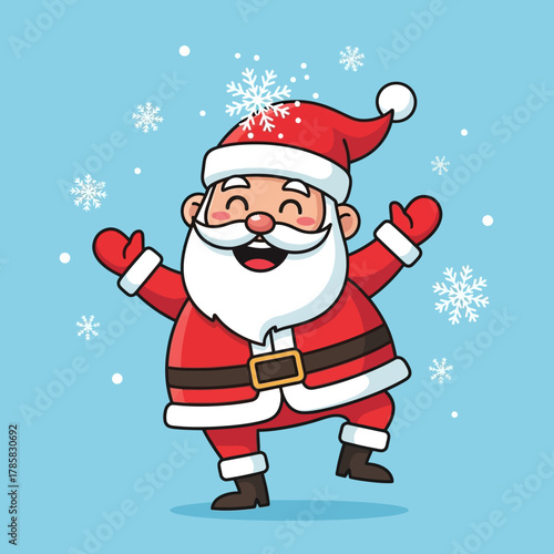 A cheerful cartoon Santa Claus with a big smile and rosy cheeks, dressed in his iconic red suit and hat, joyfully dancing in the falling snow.