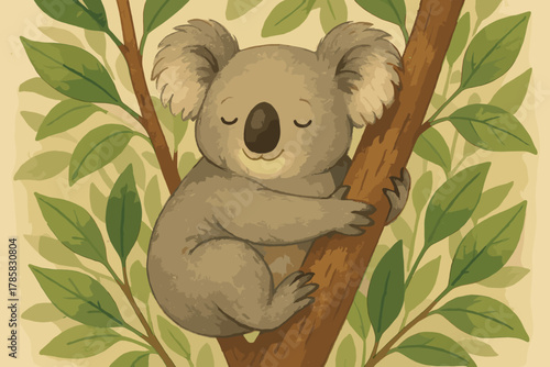 Adorable koala peacefully sleeping while hugging a tree branch surrounded by lush green leaves.