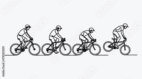 Cyclists Riding Bikes in Continuous Line Drawing Vector Illustration