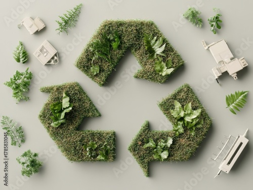 Creative design of a recycled symbol made from moss, plants, and greenery, set on a neutral background