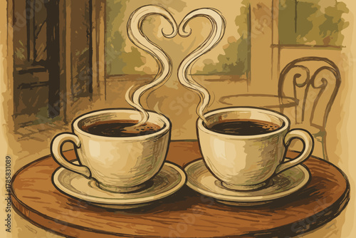 Two steaming coffee cups with heart-shaped steam rising, set on a wooden table in a cozy cafe setting.