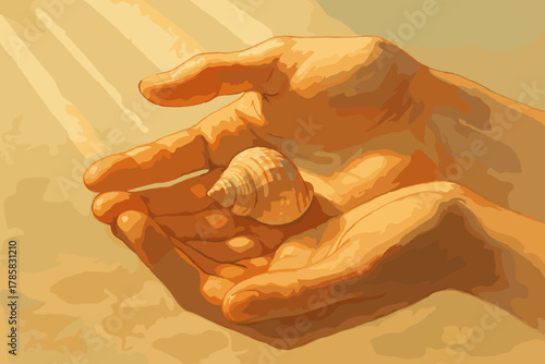 Two hands gently cradle a detailed seashell, with warm sunlight creating a soft play of shadows and highlights.