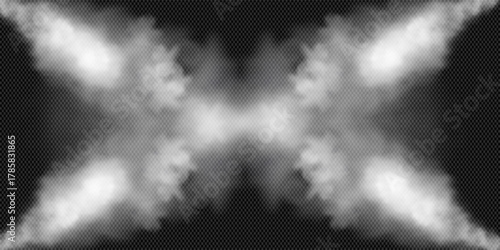 White smoke cloud with overlay effect on transparent background. Realistic border with fog. Vector illustration of smoky mist or toxic vapor on floor. Meteorological phenomenon or condensation.