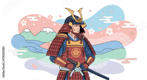 An illustrated depiction of a samurai warrior, clad in traditional armor, standing with his katana, set against a backdrop of Japanese-inspired design.