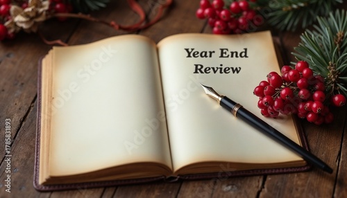 Year end review journal with pen and festive decorations on table  