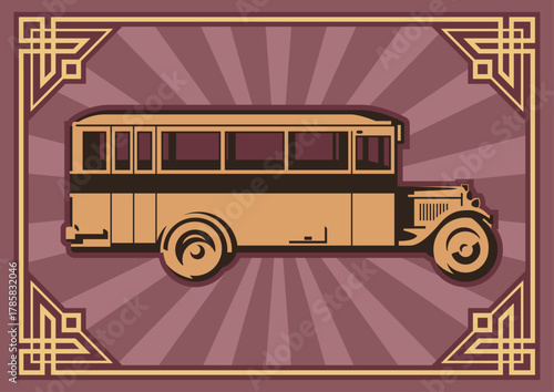 1920s Bus. Retro Transport Poster, Art Deco Frame, Classic Autobus. Old Color Palette