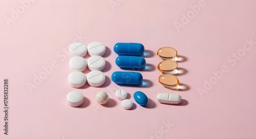 Assorted colorful pills and capsules on a pastel pink background. Minimalistic pharmaceutical still life, bright lighting, clean composition, healthcare and medicine concept.1