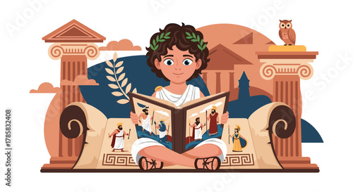 A young boy, adorned with a laurel wreath, reads a book depicting ancient Greek scenes, surrounded by classical architecture.