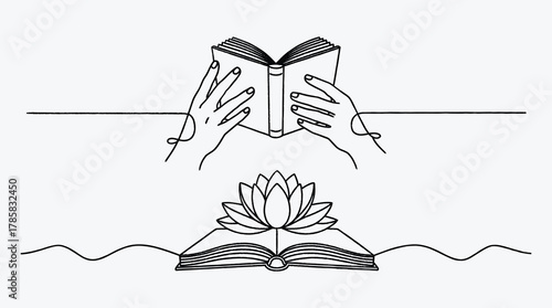 Minimalist Line Art of Hands Reading Book and Lotus Flower Design