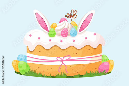 Easter cupcake with cream frosting, bunny ears and eggs, “Happy Easter” topper. standing on green grass. Easter celebrations, bakery promotions and holiday invitations.