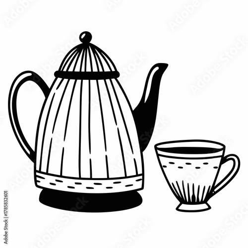 Hand drawn tea pot and cup sketch illustration isolated on white background