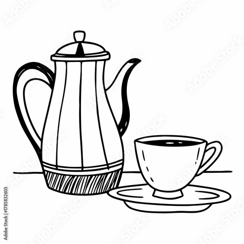 Hand drawn tea pot and cup sketch illustration isolated on white background