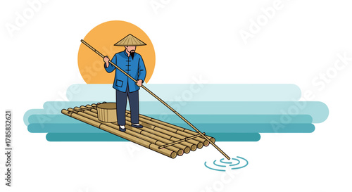 An illustration depicts a traditional Asian fisherman in a conical hat navigating a bamboo raft on tranquil waters with the sun setting.