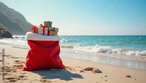Christmas gifts in a Santa bag on a beach with ocean background  